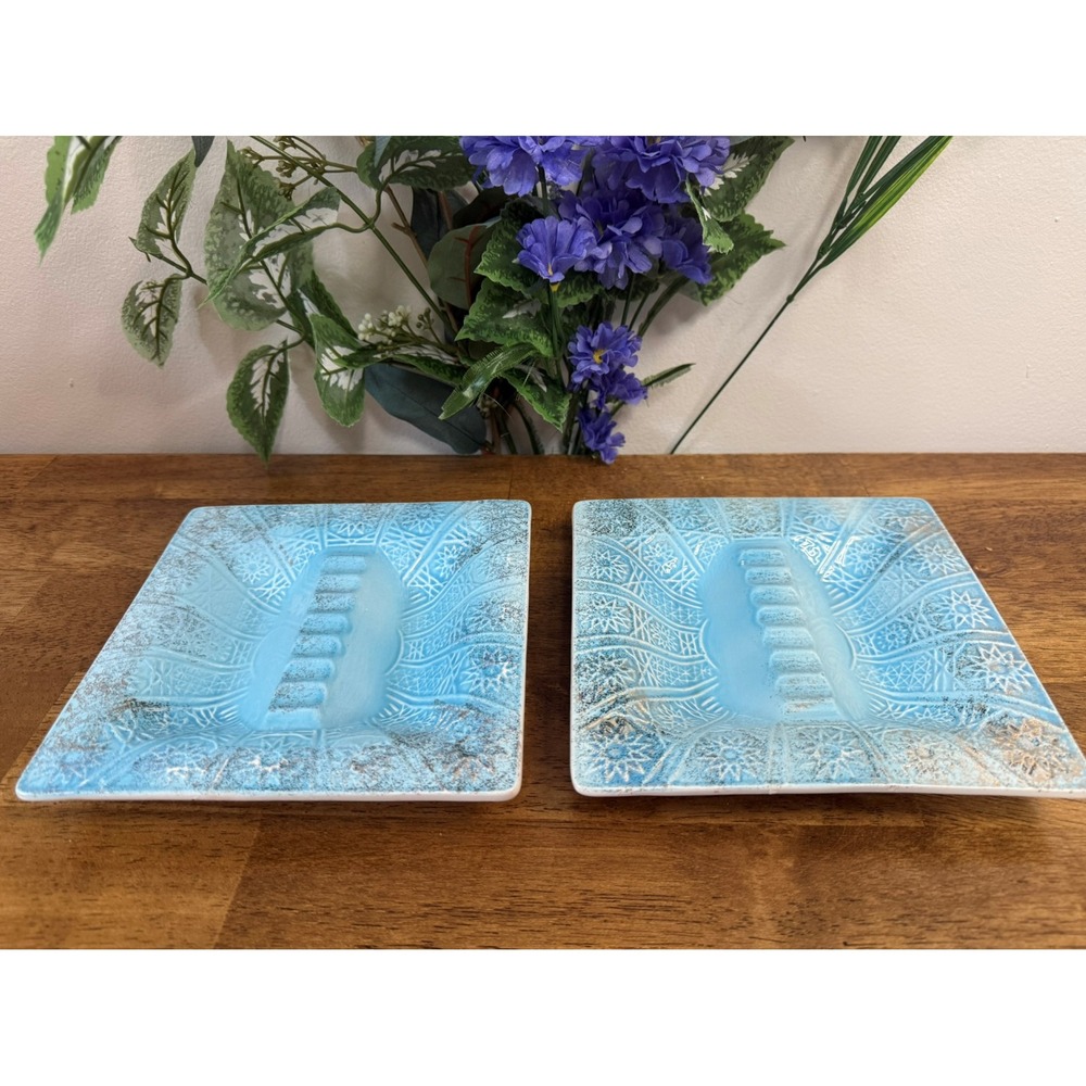 Vintage Italian MCM Turquoise‎ Ceramic Ashtrays Textured Geometric Starburst
